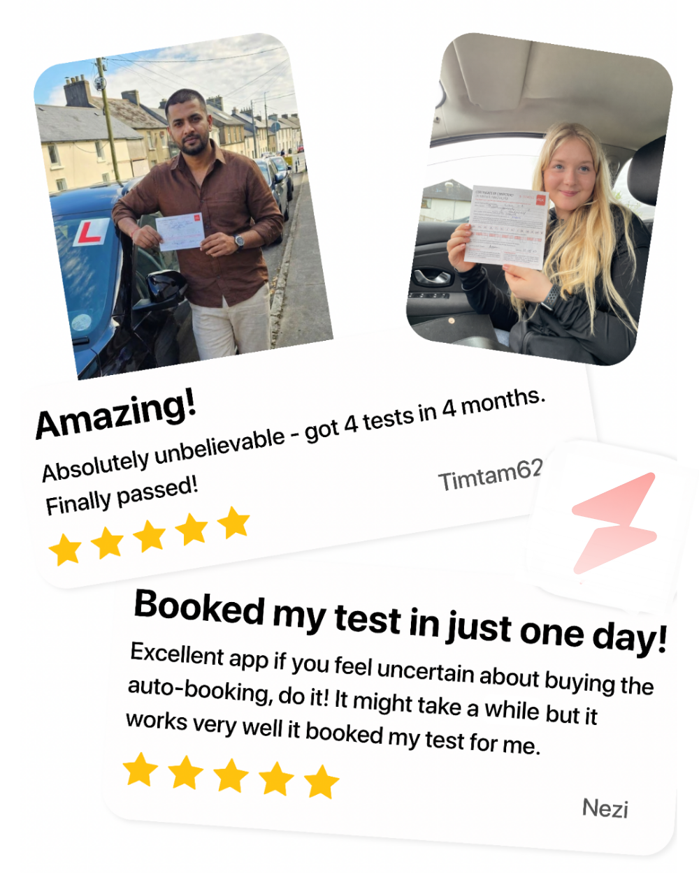 App Store reviews from drivers who passed, alongside photos of them holding their certificates of competency